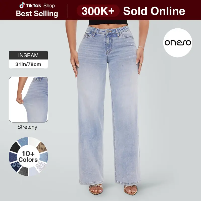 Magic ONESO Mid-low Rise Baggy Jeans Stretchy Wide Leg for Women Distressed Pants Womenswear Bottom 8001 Lady Basic Minimalist Comfortable Denim Tummy Control Curve Hugging Plus Size Regular Size BBL