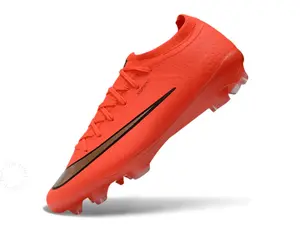 Low Cut Pro FG Long Stud Soccer Cleats, Bright Orange Stretch Knit Fabric Metallic Gold Contrast Accent Full Orange Transparent Stud Anti-Slip Outsole, Lightweight Breathable Speed Wear Resistant
