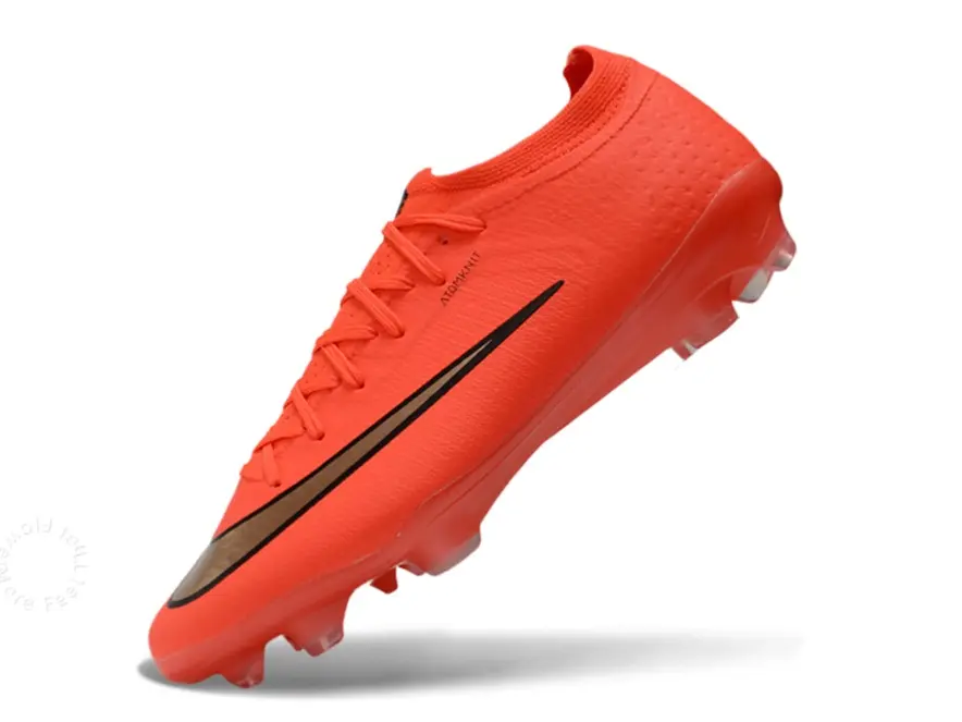 Low Cut Pro FG Long Stud Soccer Cleats, Bright Orange Stretch Knit Fabric Metallic Gold Contrast Accent Full Orange Transparent Stud Anti-Slip Outsole, Lightweight Breathable Speed Wear Resistant