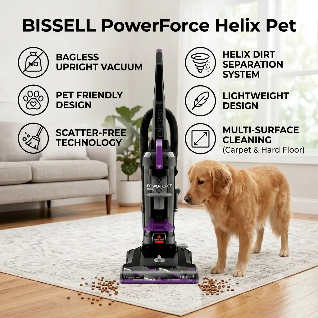 BISSELL PowerForce Helix, Bagless, Upright Vacuum, Pet Friendly, Scatter-Free Technology, Helix Dirt Separation System, Lightweight, 3313U, Purple & Black