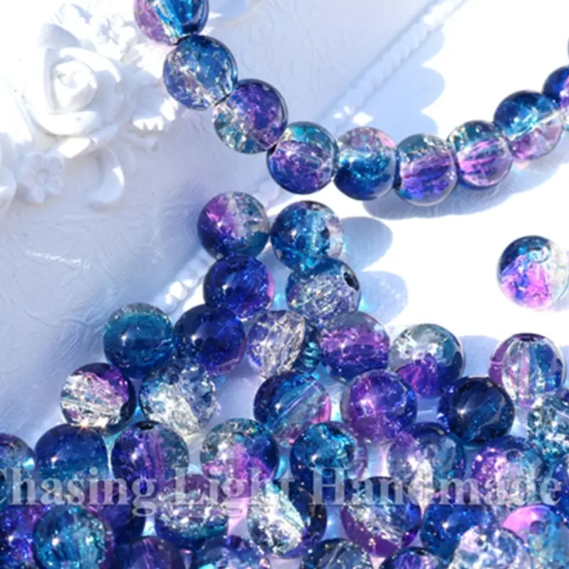 50 blue ocean-themed snowflake crack glass beads blue + purple, size 8mm, perfect for DIY jewelry, Crafting Beads, bracelets, necklaces, earrings, key chains and mobile phone accessories Wholesale Bead
