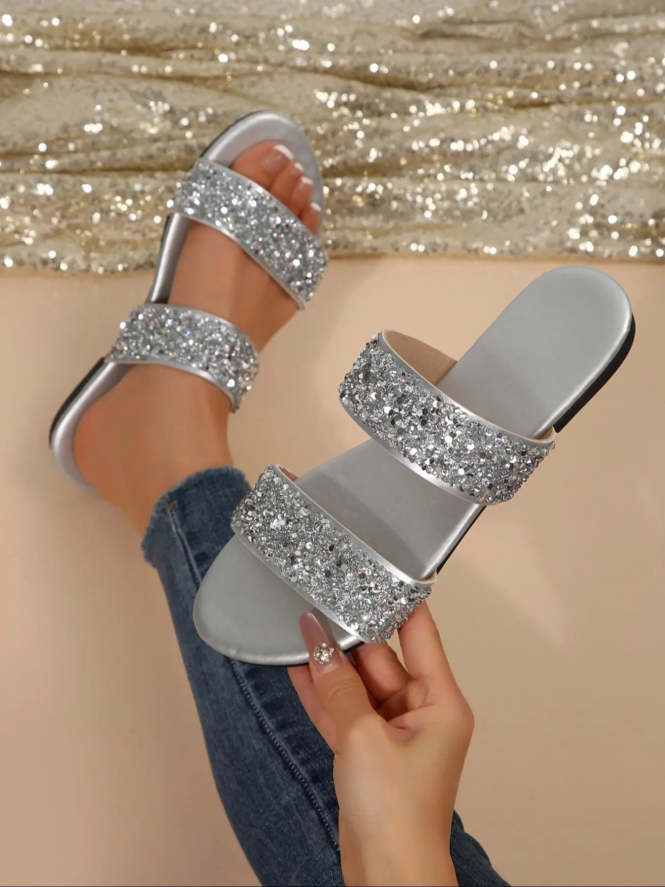 Fashionable Rhinestone Decorated Glitter Design Slides, Casual Summer Footwear, Casual Comfortable Flat Heel Sandals for Summer, Lightweight Breathable Shoes for Daily Wear, Women, Glitter Sandal, Flats Sandals