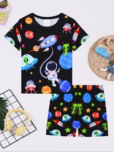 Boys Round Neck Short Sleeve Shorts Digital Print Space Planet Alien Fashion Casual Comfortable Fitted Home Sleepwear Set