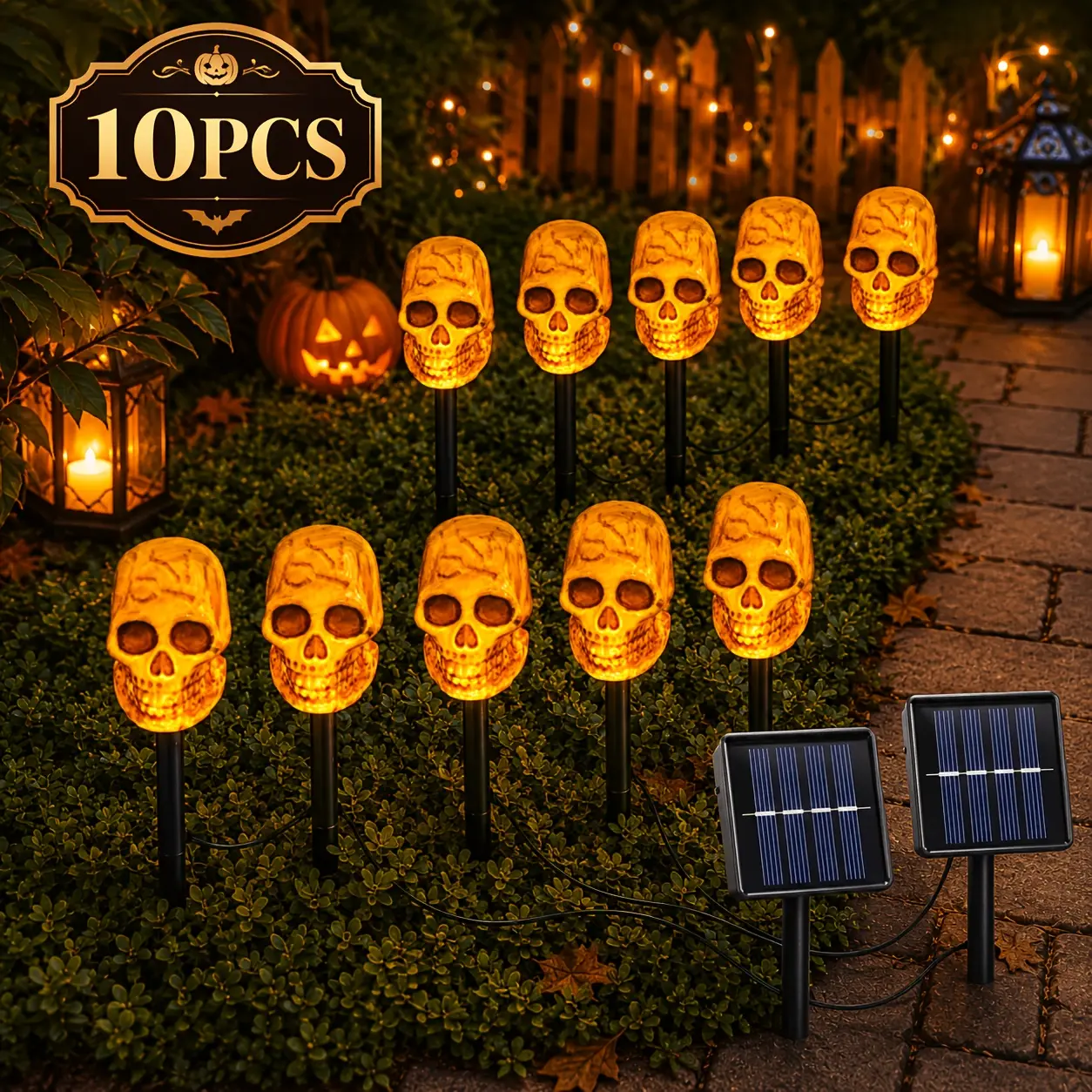 5/10-piece set of Solar-Powered Warm Orange LED Skull Stake Lights  Spooky Outdoor Pathway Lights with Free Stake Installation, Ideal for Halloween, Garden Decorations