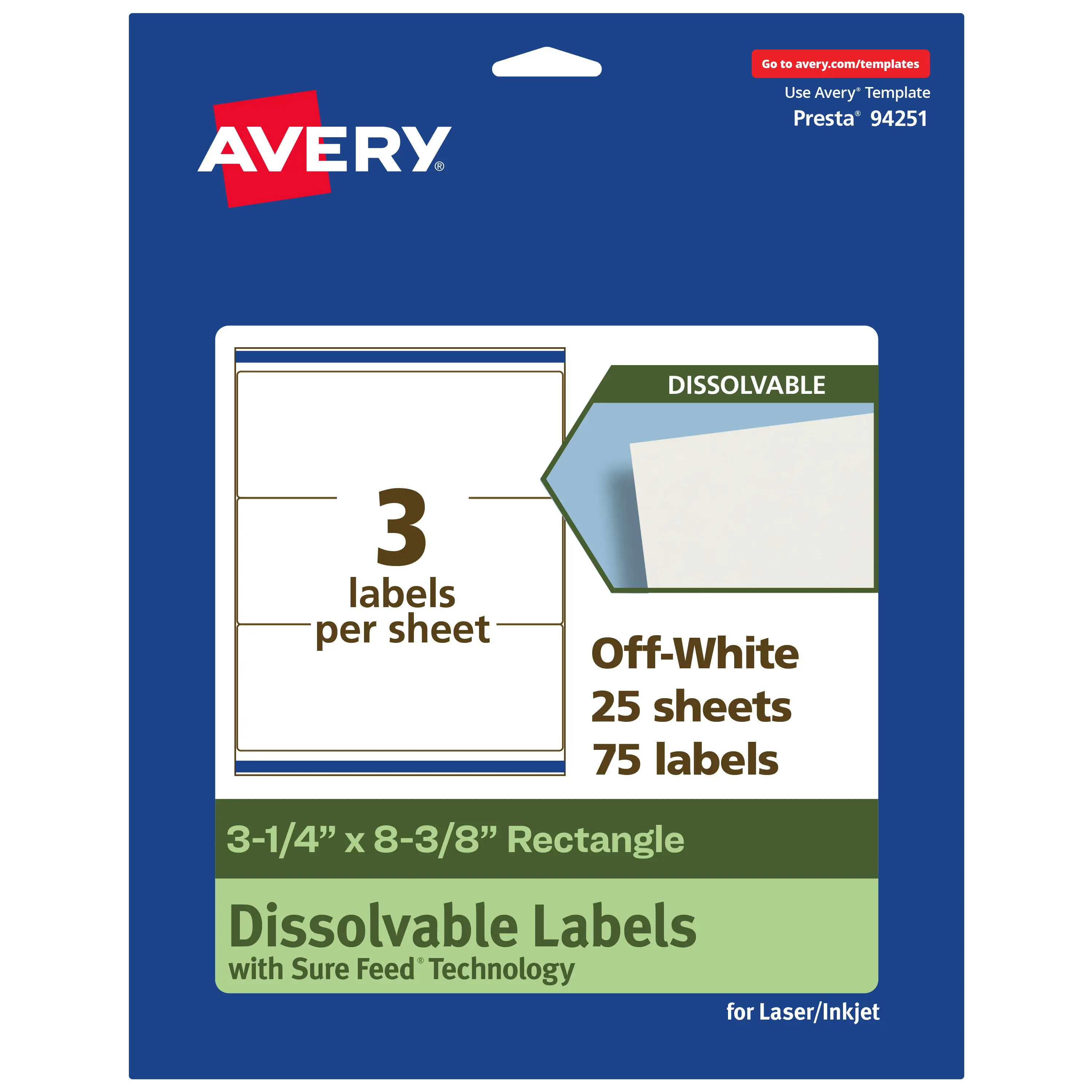 Avery Dissolvable Labels, 3-1/4" x 8-3/8" Rectangle