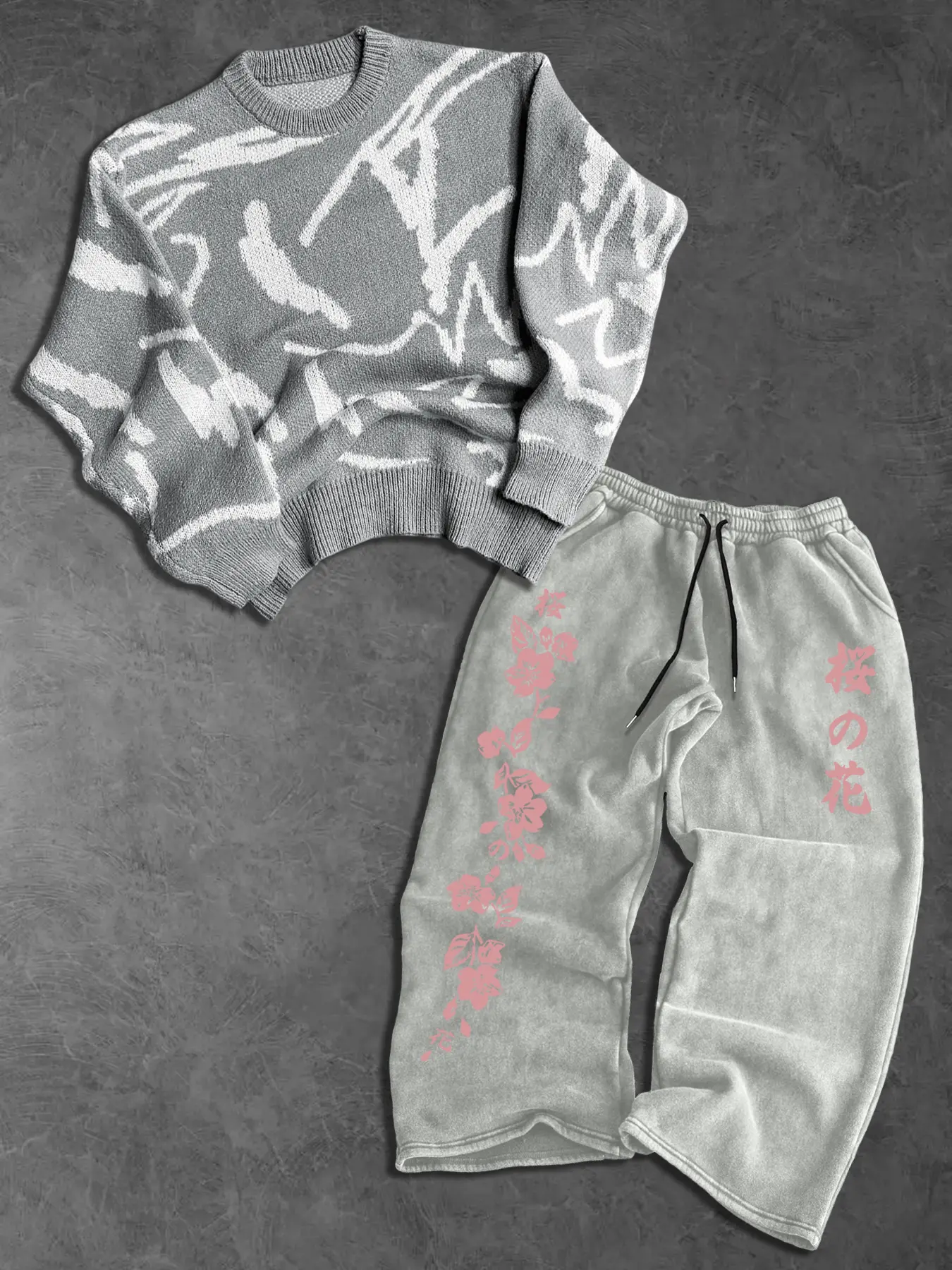 Men's Trendy Set Graffiti Knit Sweater + Sakura Japanese Print Sweatpants, Soft Knit, Skin-Friendly Fleece, Casual Fall & Winter