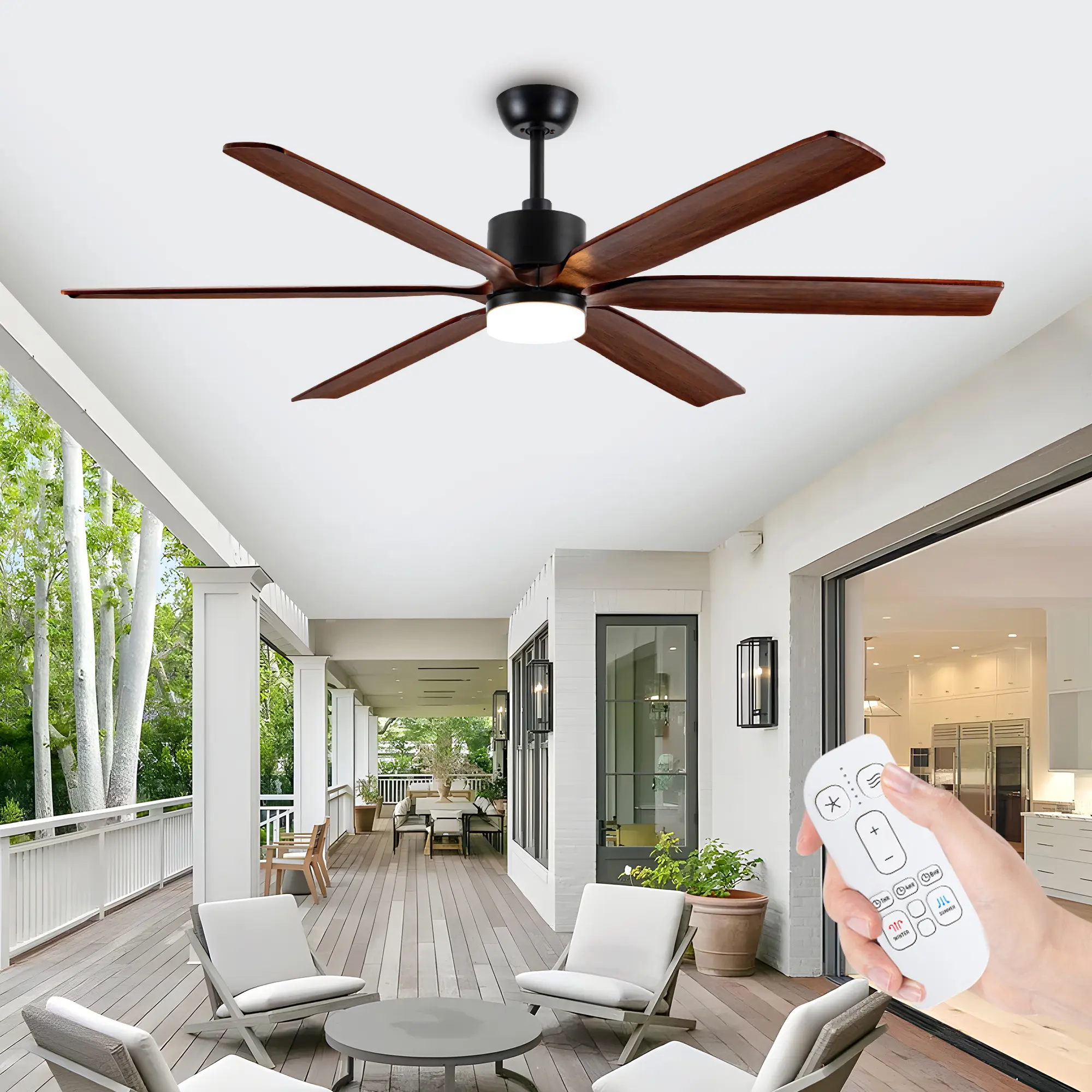 72-in Farmhouse Solid Wood 6-Blade Ceiling Fan with Dimmable Light & Remote Control, Quiet High-Airflow DC Motor for Indoor/Outdoor Use (Bedroom, Garage, Gazebo)
