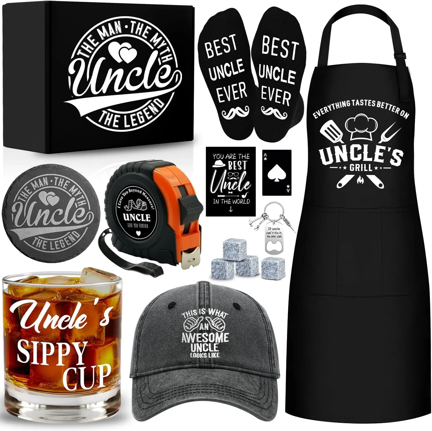 14 Pcs Best Uncle Ever Gifts 11 Oz Uncle's Sippy Cup Whiskey Glass 4 Whiskey Stones Coaster Apron Hat Sock Tape Measure Keychain Birthday Father's Day Christmas Gifts for Uncle
