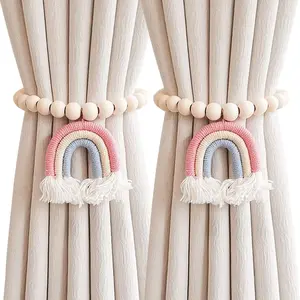 2 count Wooden Beaded Curtain Tiebacks, Tassel Curtain Buckles  Curtain Buckles, Rainbow Tassel Curtain Tiebacks No Punch Decoration (Pink)
