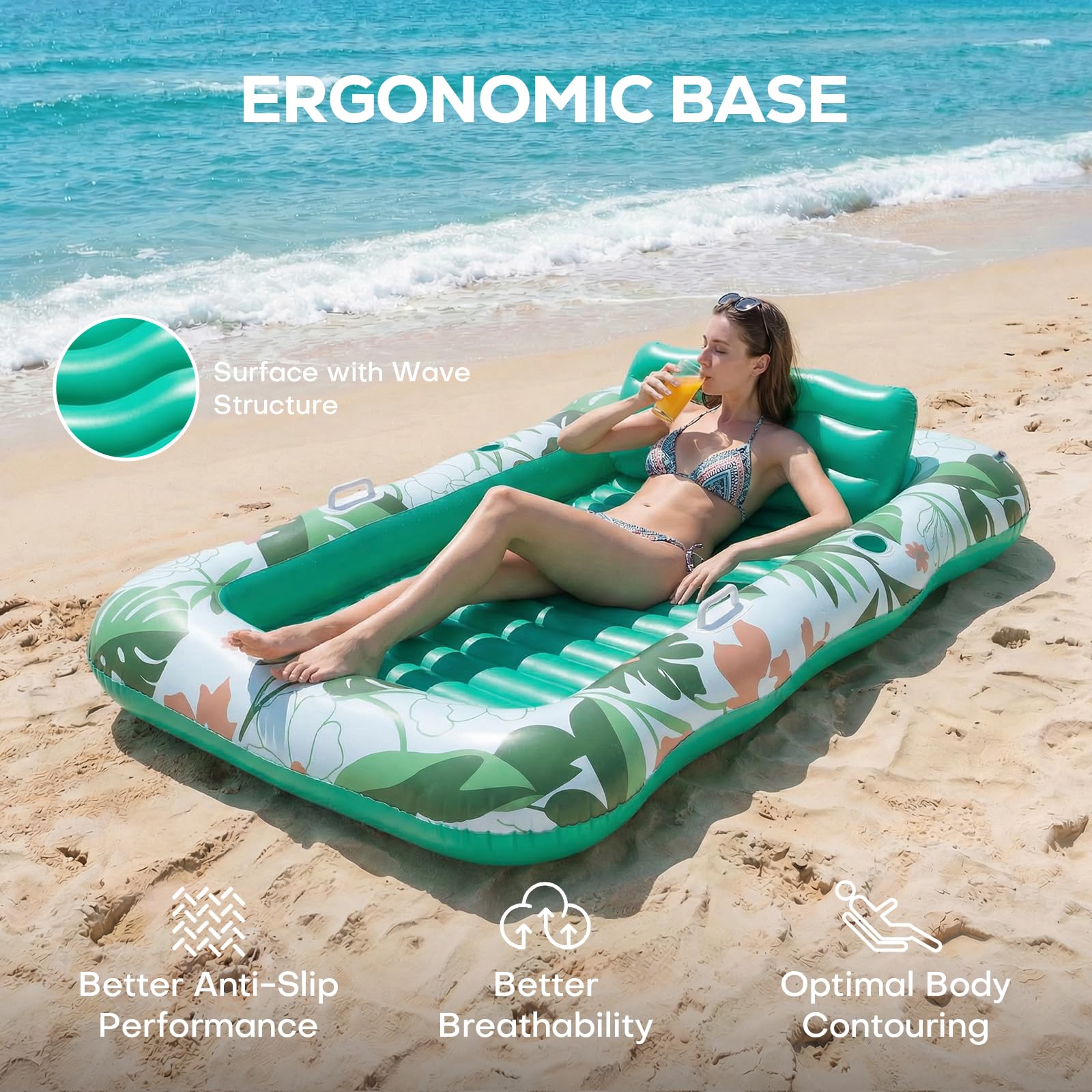 Inflatable Tanning Pool Lounger Float for Backyard,75''×51''Pool Floats Adult with Cup Holder & Removable Pillow, Tanning Bed for Sunbathing, Summer Party and Family Fun (Green, L)