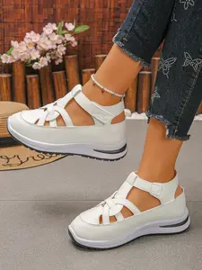 New Large Size Wedge Sandals for Women, Open Toe Hollow Out Breathable Fashion, Thick Sole Velcro Closure, Comfortable and Stylish