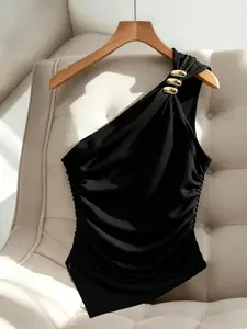 Women's Spring Summer New Fashion Comfortable Fit Vacation Style Womenswear One-Shoulder Top, Decorative Button Hem, Irregular Design Short Sleeveless Vest Piece