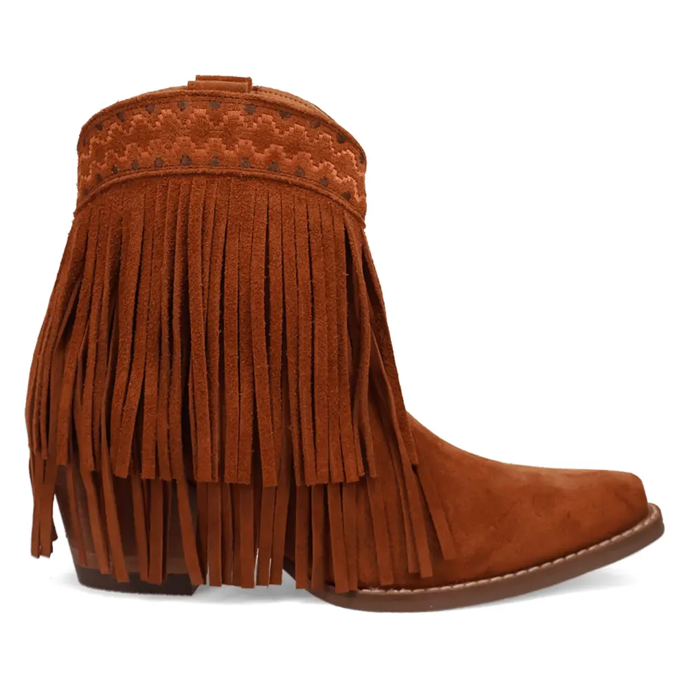 Dingo Womens Tapadero Southwest Fringe Snip Toe Pull On Casual Boots Mid Heel 2-3" - Brown