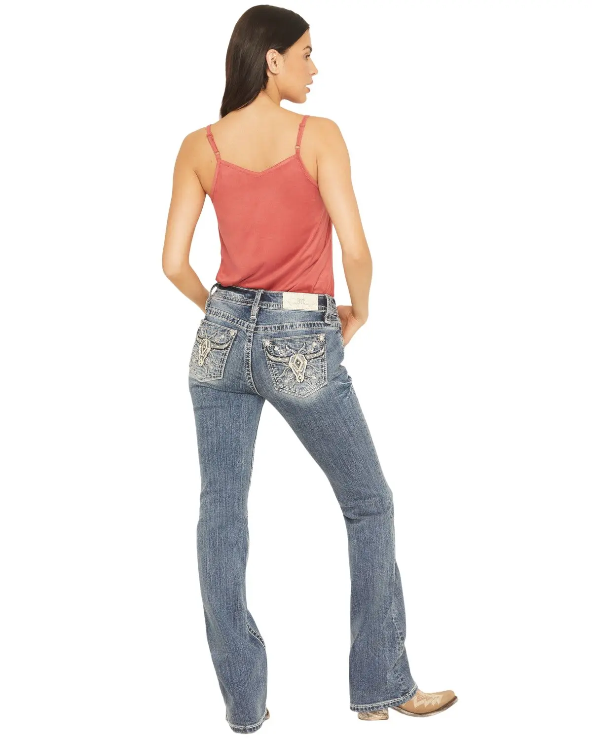 Miss Me Women's Women'S Medium Wash Mid Rise Cow Skull Pocket 34&Quot - M9485bl