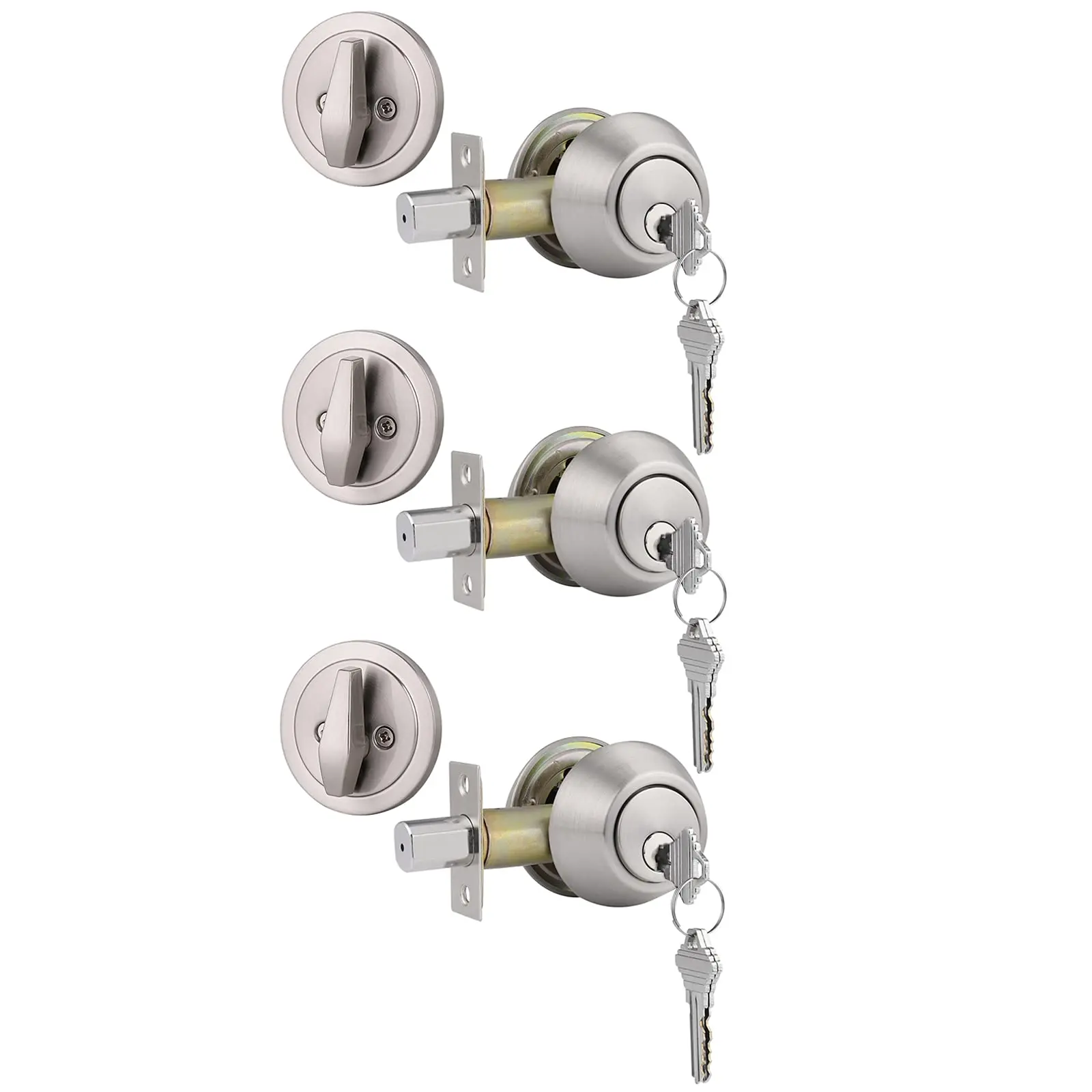 3 Satin Nickel Keyed Alike Single Deadbolts Door Locks With Same Key  Entry Front Round Cylinder Deadbolt Locksets Thumb-turn Button Inside