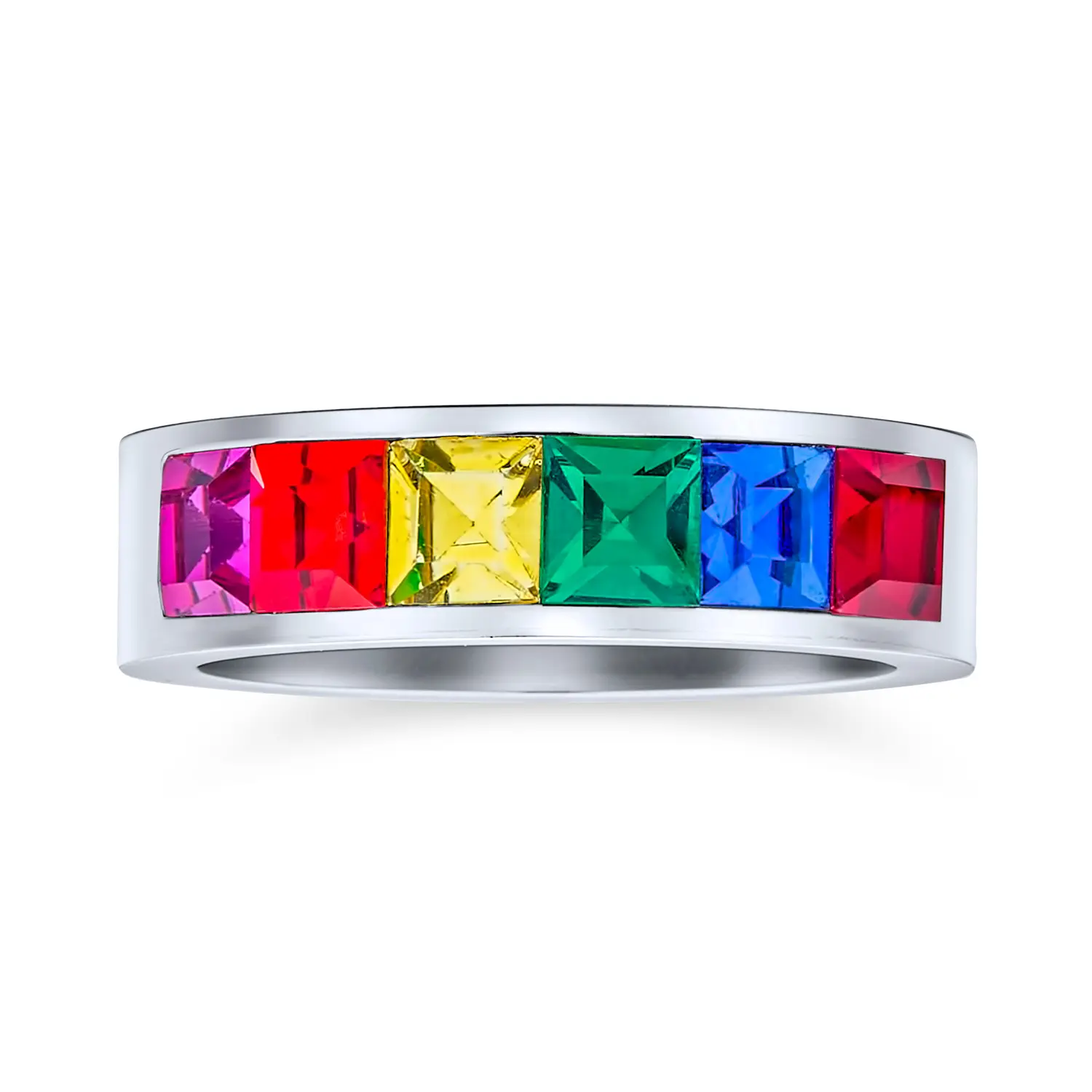 Rainbow Multi Color CZ LGBTQ Band Ring Comfort Fit Stainless Steel 8MM
