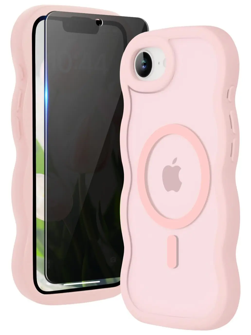 Durable Magnetic MagSafe-Compatible Phone Case with Privacy Screen Protector for iPhone 17E/16E, Wavy Frame, Translucent Matte Hard Back, Silicone Bumper, Shockproof, Pink, Phone Accessories for Women, Protection, Casing