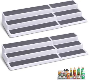 3-Tier Expandable Spice Rack Organizer, White/Grey Plastic, Adjustable Length 14.6" to 25.8", 2-Pack Non-Skid Tiered Spice Shelf for Kitchen Cabinet, Cupboard, Pantry