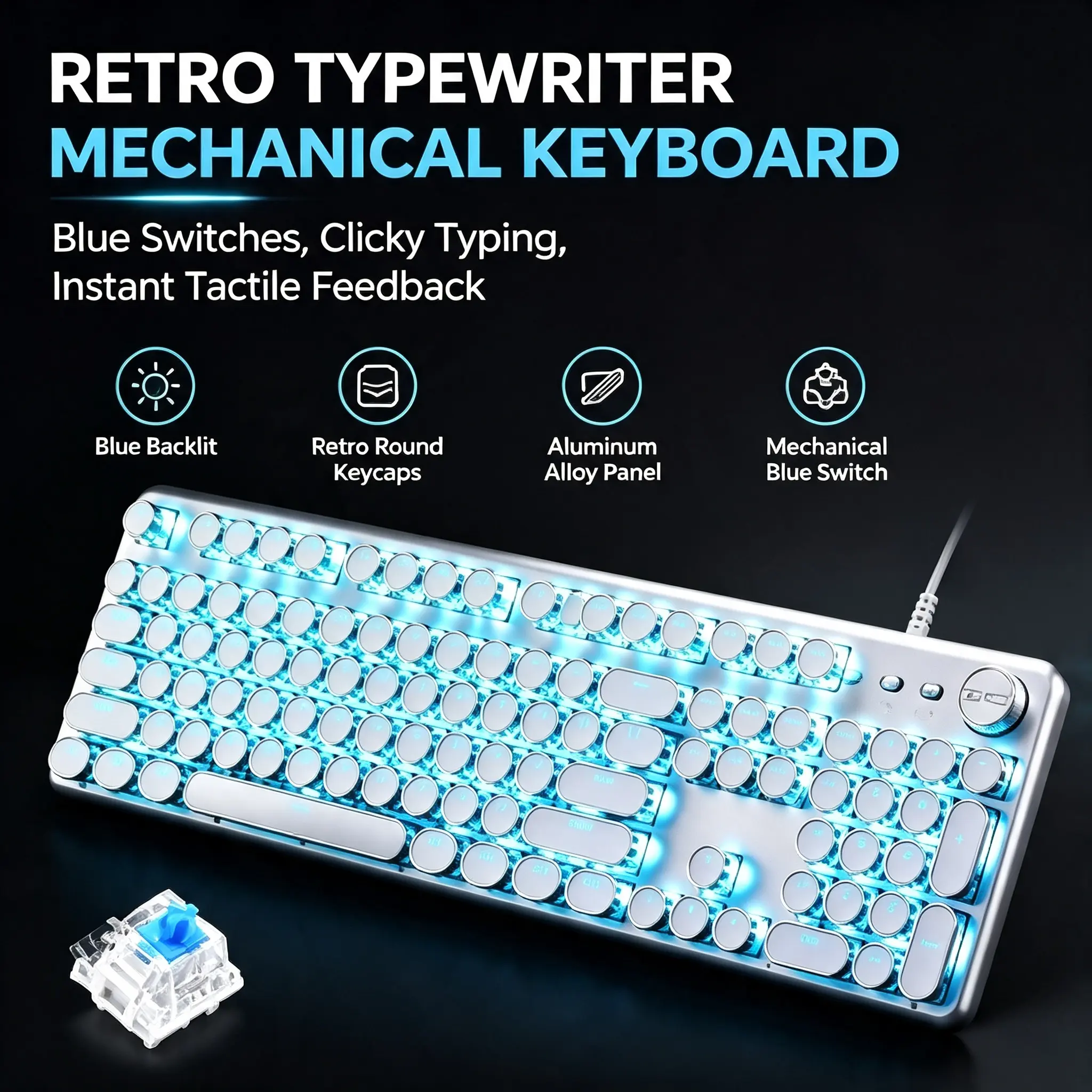 Retro Typewriter Mechanical Keyboard | Ice Blue Backlight | Blue Switch Typing ASMR Desk Setup