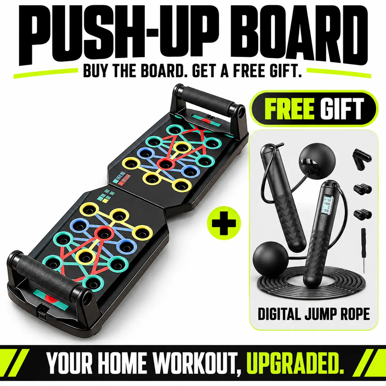 BOGO Multifunctional Push Up Board, Non-Slip Base Strength Training Equipment with Resistance Bands for Home Upper Body & Core Abs Workouts