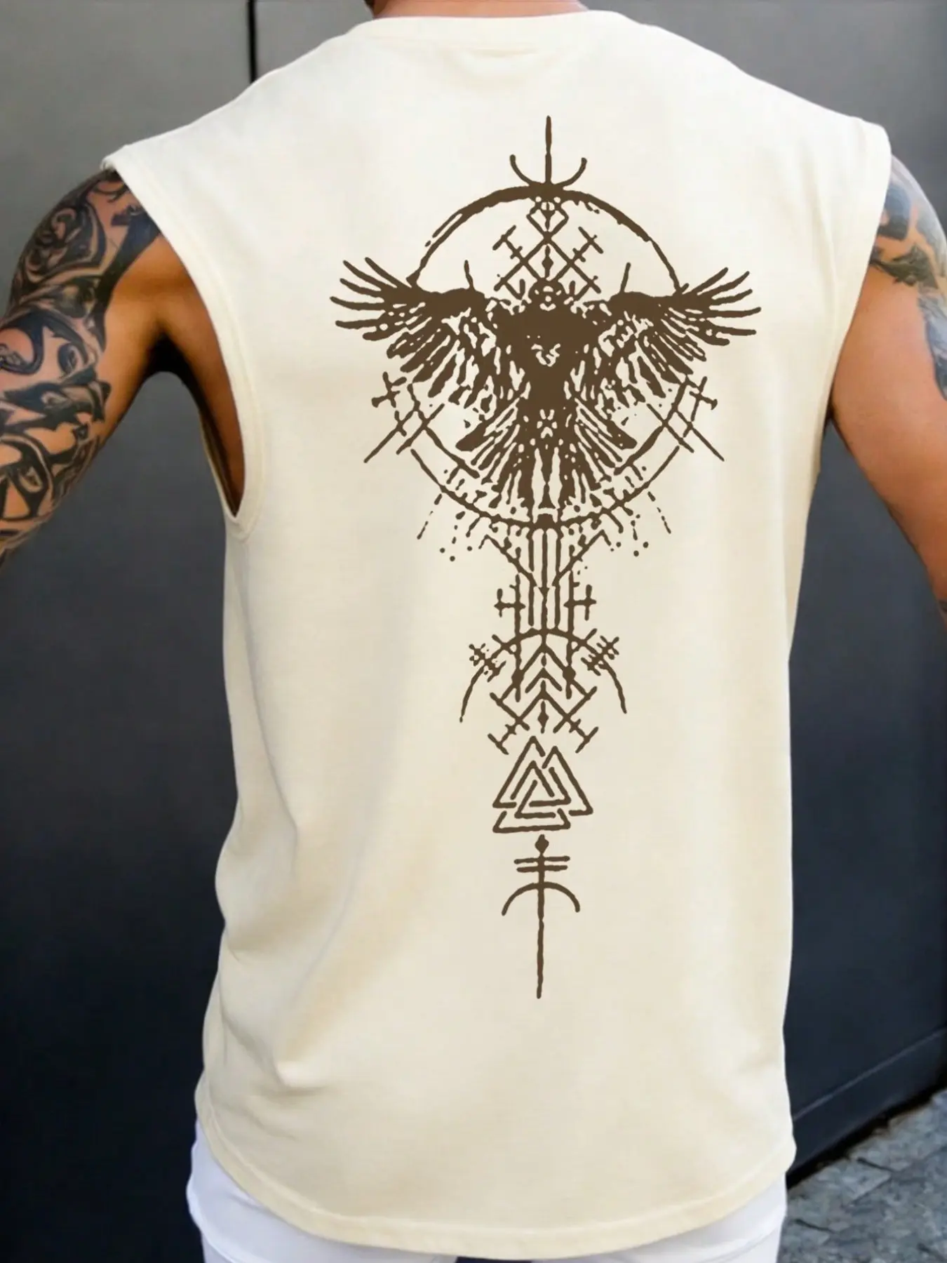 Nordic Odin Raven Sleeveless T-Shirt - Gothic Rune Ethnic Graphic Dark Streetwear Top, Casual Street Style, Menswear, Comfortable Casual Summer Tank for Men, Viking Core Aesthetic Muscle Vest for Daily Wear & Music Festivals, Casual Street Fashion