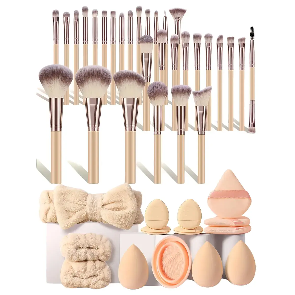 44-Piece makeup blending brush Multi-Pack - 30 Makeup Brushes, eye makeup brush 3 Triangular Powder Puffs, 1 Wash Bowl, 3 Beauty Eggs, 1 Plush Headband, 2 Wristbands, 4 Finger Powder Puffs Complete Cosmetic Kit for Beginners