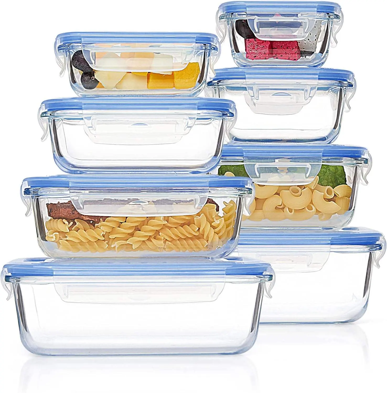 8-Pack Premium Borosilicate Glass Anti-Leak Food Storage Containers - Stackable Square & Rectangular, Airtight Seal Lids, Oven/Microwave/Freezer Safe, High-Temperature Durable Kitchen Supplies for Preserving Freshness