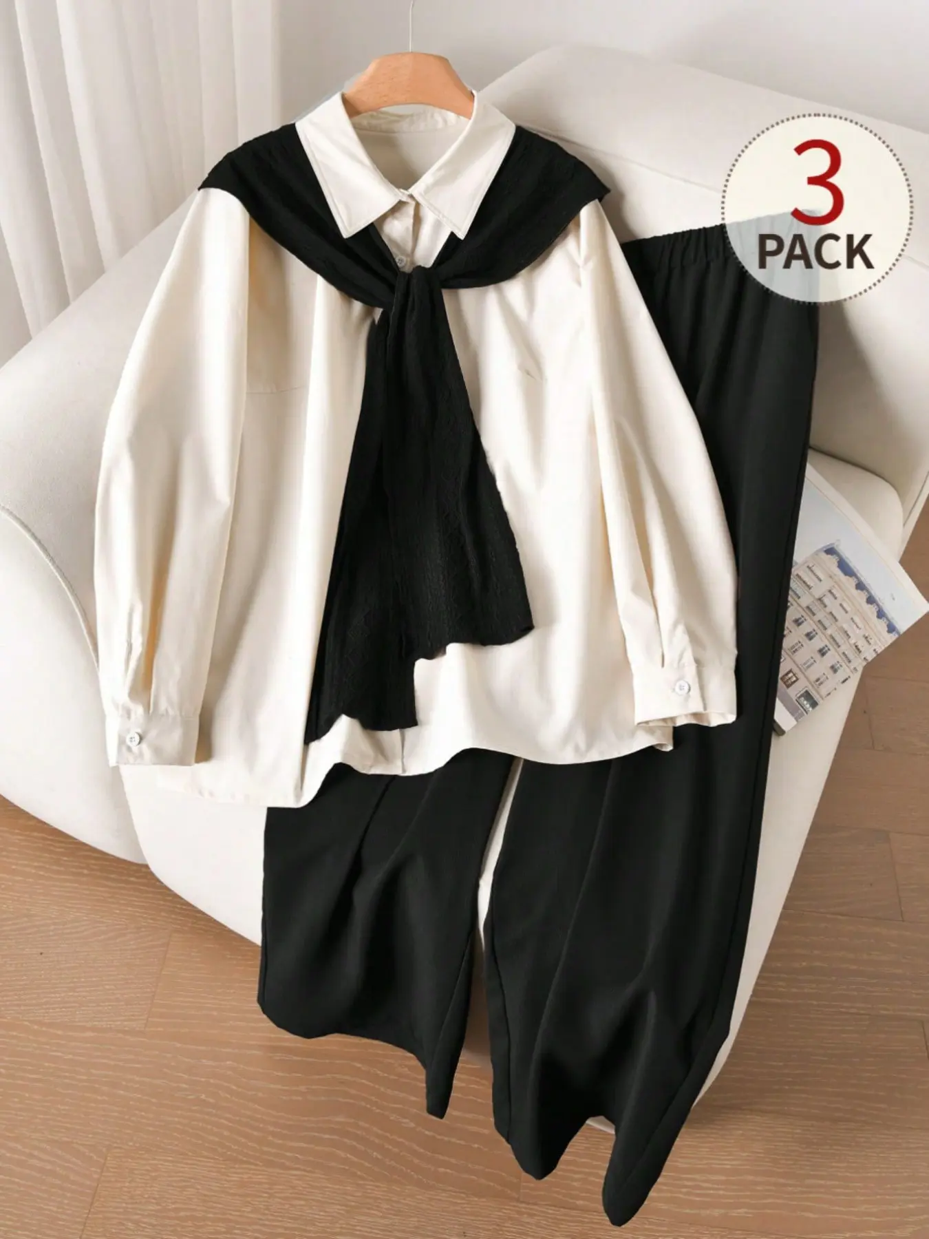 Korean gentle style women's 3-piece outfit set, long-sleeve Collared lapel shirt + knit shawl + wide-leg pants, elegant casual office wear, suitable for workplace and daily use