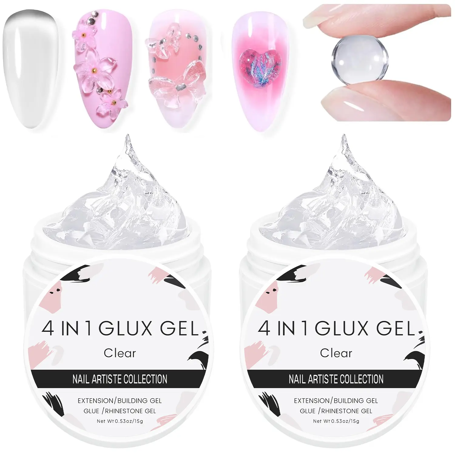 3D Gel Nail Art: Nail Art Supplies, 4-In-1 Transparent Clear Solid Gel Builder For Nails, Gel Extension, UV LED Cured Acrylic Nails, Water Drill 3D Carving Gel, Rhinestone Glue Gel, 15g, 2 Bottles, Manicure, Durable