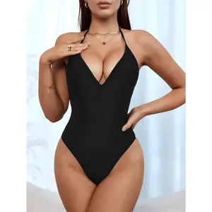 SwimWeekWomen' s One Piece Sexy Swimsuits Halter Tie Back V Neck Low Back Bathing Suit Ruched Butt High Cut Swimsuit Thong