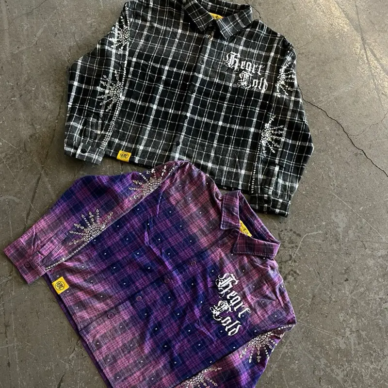 Heartcold Men's Checked Flannel Shirt with Rhinestones, Long Sleeve Cotton Polo Top with a Boxy-Fit, Casual Longsleeves Collared, Mens Clothing