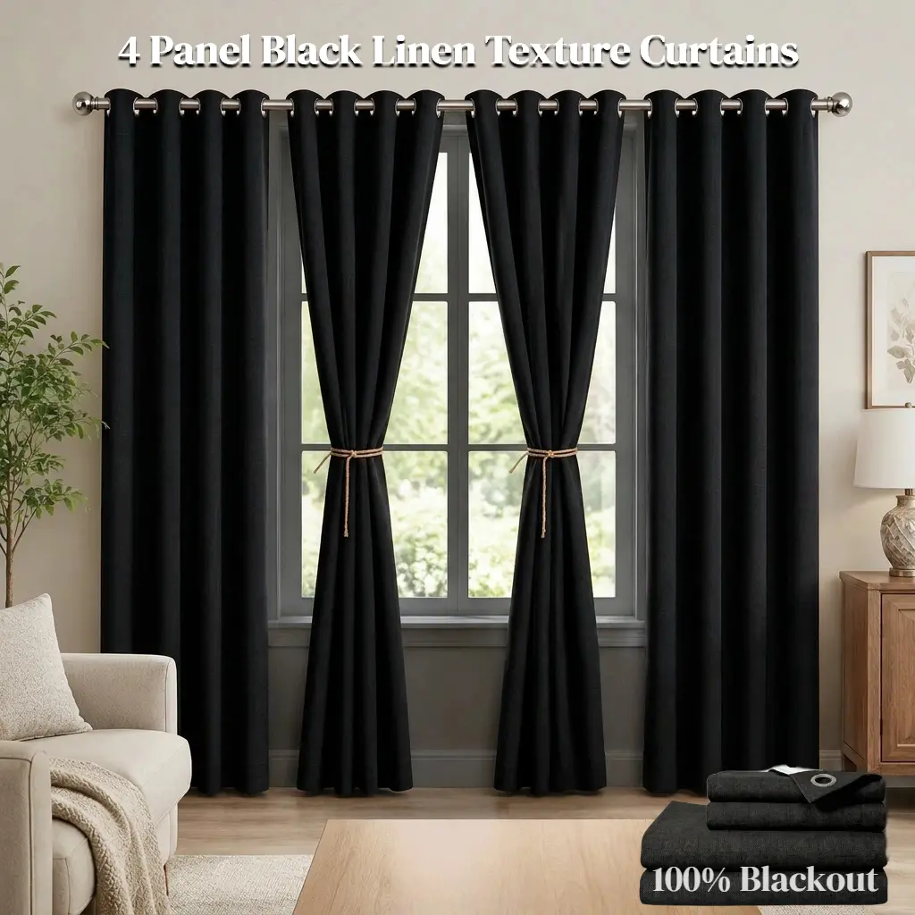 4 Panel Linen Blackout Curtains, 100% Blackout, Privacy Protection, Premium Linen Texture, Stylish Design for Bedroom & Living Room Windows, Better Sleep