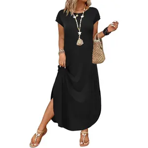 SKIKREMIO Women's 2026 Trendy Summer Maxi Dress, Cap Sleeve Crewneck Casual Long Dress with Pockets Beach Vacation Sundress