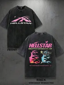 Retro Washed Black Oversized T-Shirt, "Hellstar" Pink Logo & "My Path 2 Paradise" Graphic Print, Casual Short Sleeve, Unisex Streetwear for Men & Women, Loose Fit for Outdoor & Daily Wear