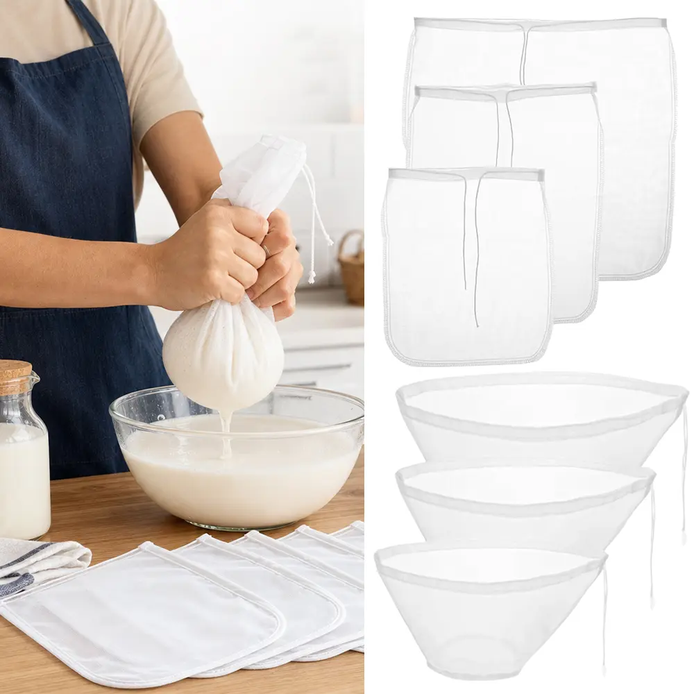 6Pcs Reusable Fine Nylon Mesh Filter Bags, Vegetable Dehydrator & Dumpling Stuffing Press Tool, Drawstring Nut Milk Strainer Bag for Soy Milk, Juice, Cold Brew Coffee, Yogurt, Sauerkraut, Easy Clean Kitchen Food Straining Accessory