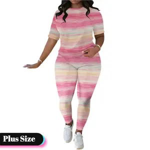 vogue Ys Plus - Size Gradient Striped Two - Piece Set | Short - Sleeve Top & Pants for Casual Comfort Clothes Fabric