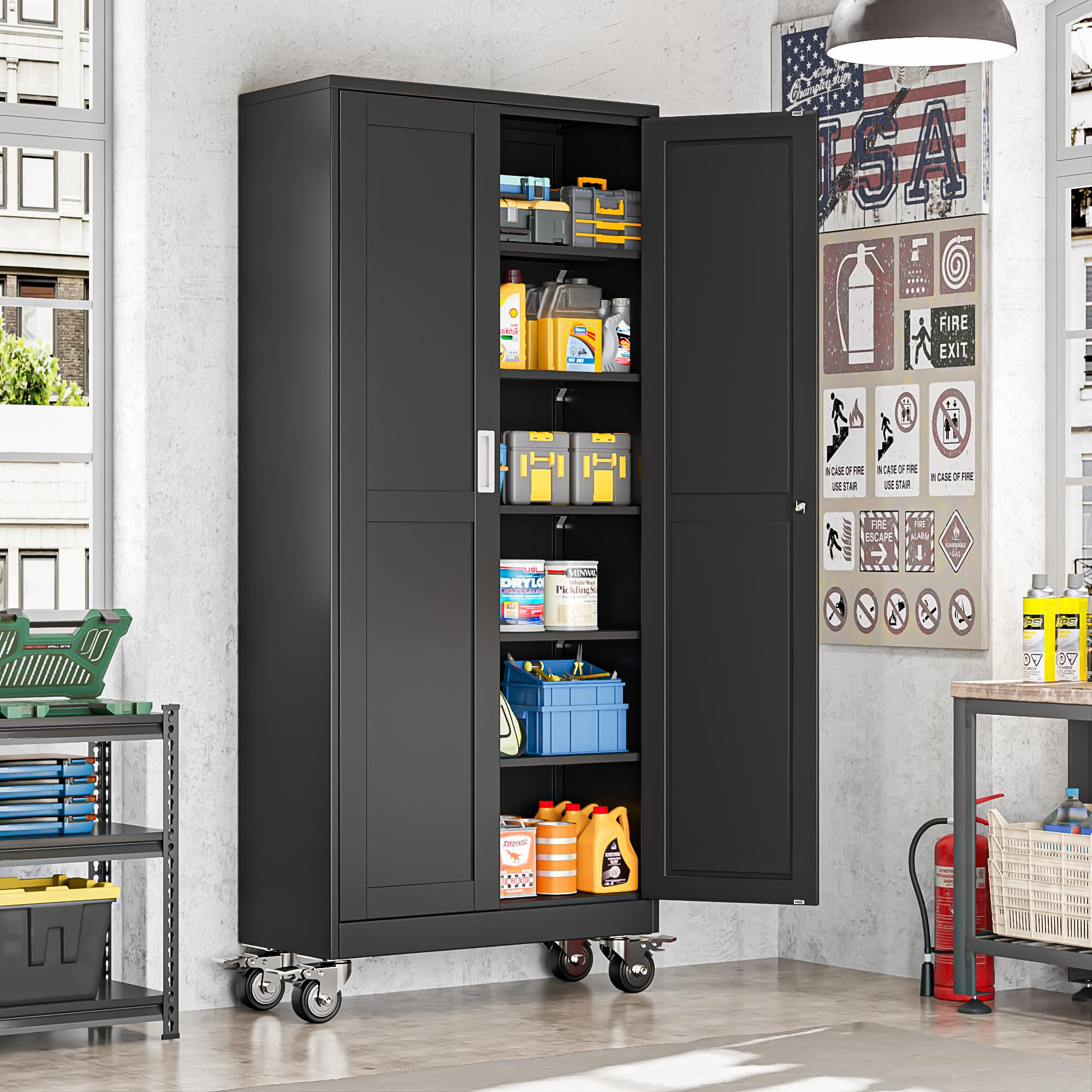 Heavy-Duty Metal Storage Cabinet with Wheels, 2-Door Steel File Cabinet with 5 Adjustable Shelves for Garage, Home Office & Warehouse