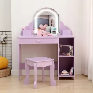 Kids Vanity with Lighted Mirror 2 in 1 Little Girls Vanity Table & Stool Makeup with Drawer Open Shelves for 3-9 Yrs Girls Purple Design