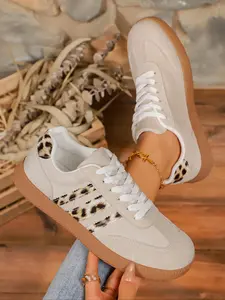 Women's Leopard Accent Lace-Up Sneakers, Leopard Print Sneakers, Casual Comfortable Breathable Walking & Training Shoes, Sports Footwear for Daily Commuting, All-match Non-Slip Sneakers for Gym Workout & Running