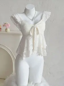 Women's 3D Textured Lace Fitted Camisole, Casual All-Season Tank Top with Unique Back Design, Versatile Daily Wear Blouse for Women
