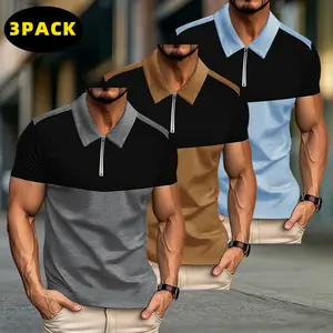 3-pack men’s color-block half-zip polo shirts with contrasting panel design; summer collared casual Short Sleeve T-shirts; slim golf tops that are versatile for business wear; all-purpose for work,  activities, and dates. graphic tee vintage clothes, Fitt