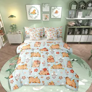 Cartoon Capybara Bedding Set,7 Piece Cute Animals Print Bed Bag with Sheets,Capybara Lovers Comforter Bed Set,Kids Adults,Floral Love Heart Bed Set