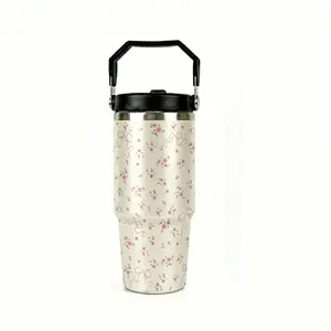 Cute Pink Floral Ribbon Tumbler with Handle Portable Travel Cup Unique Birthday Mothers Day Presents for Her Bestie Women Girls