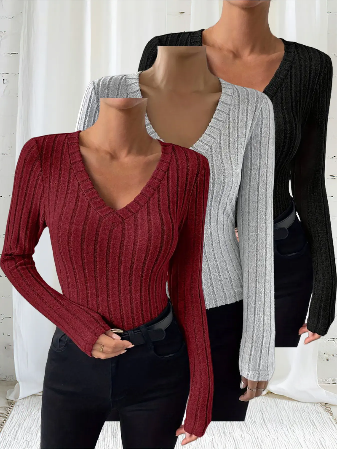 Women's fashion V-neck warm long-sleeved Casual Knitwear T-shirt Tops three-piece set