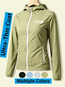 Women's Hooded Skin Coat with Peace-Love-Sports Print, Loose Slim Fit, Comfortable & Breathable, Lightweight, Quick-Drying, Skin-Friendly, Style for Daily Commute, Casual Outings & Outdoor Trips, Multiple Colors, All-Season Versatile Jacket for Women