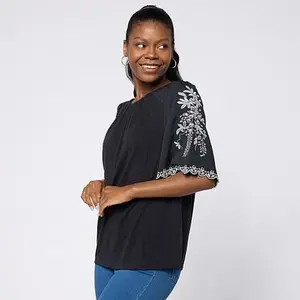DG2 by Diane Gilman Mixed Media Embroidered Sleeve Top