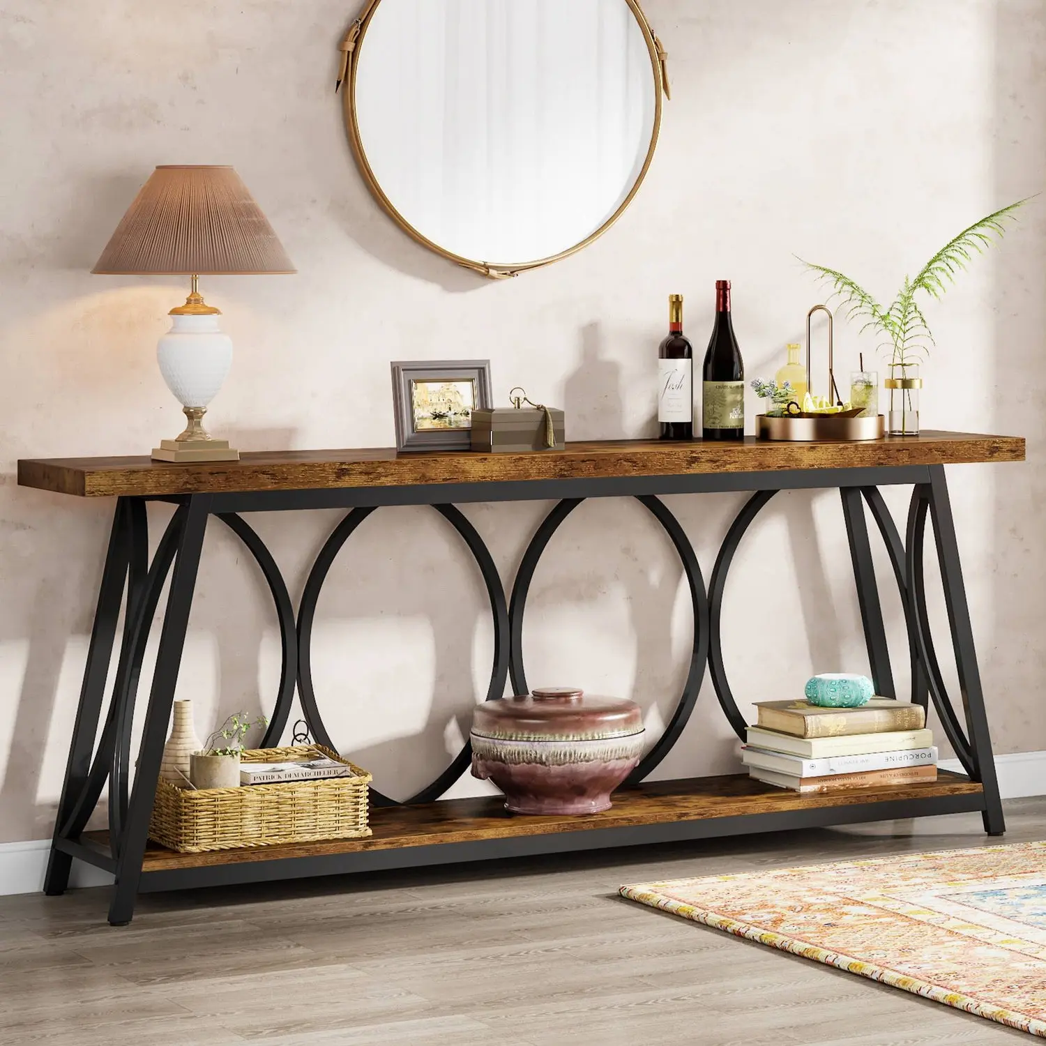 Spaco Industrial Wooden Living Room Console Table - 70.9-in Extra Long Narrow 2-Tier Storage Shelf Piece for Behind Couch, Entryway Hallway, Industrial Wooden Table, Living Room Tables