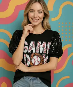 Game Day Baseball Puff Sleeves Top with Sequin