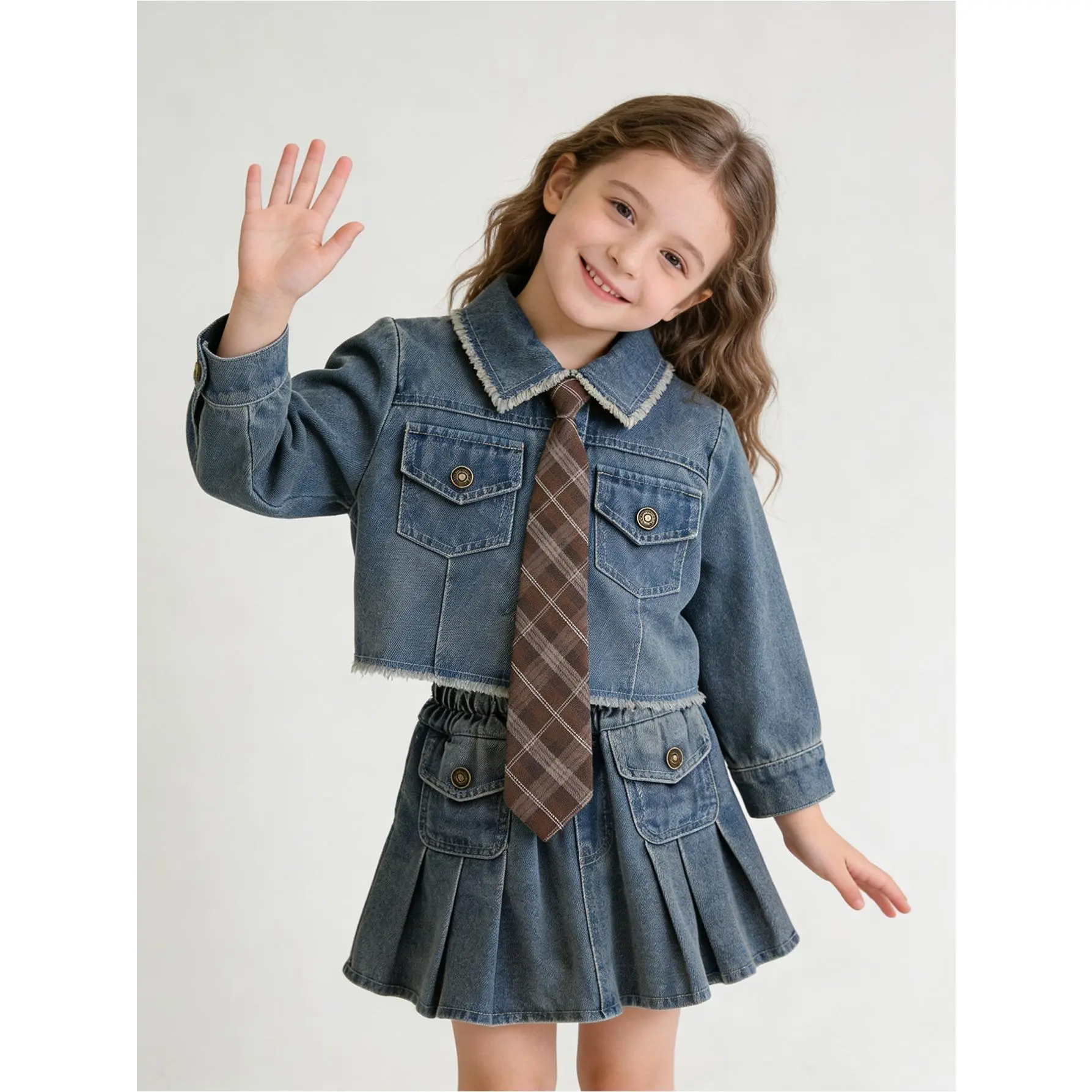 (New)Girls' Spring Denim Skirt Set, Soft Denim Jacket + Denim Pleated Skirt, with Brown Tie, Street Fashion Trend Children's Clothing, Suitable for School, Outings, Parties, Stylish Girl Outfits