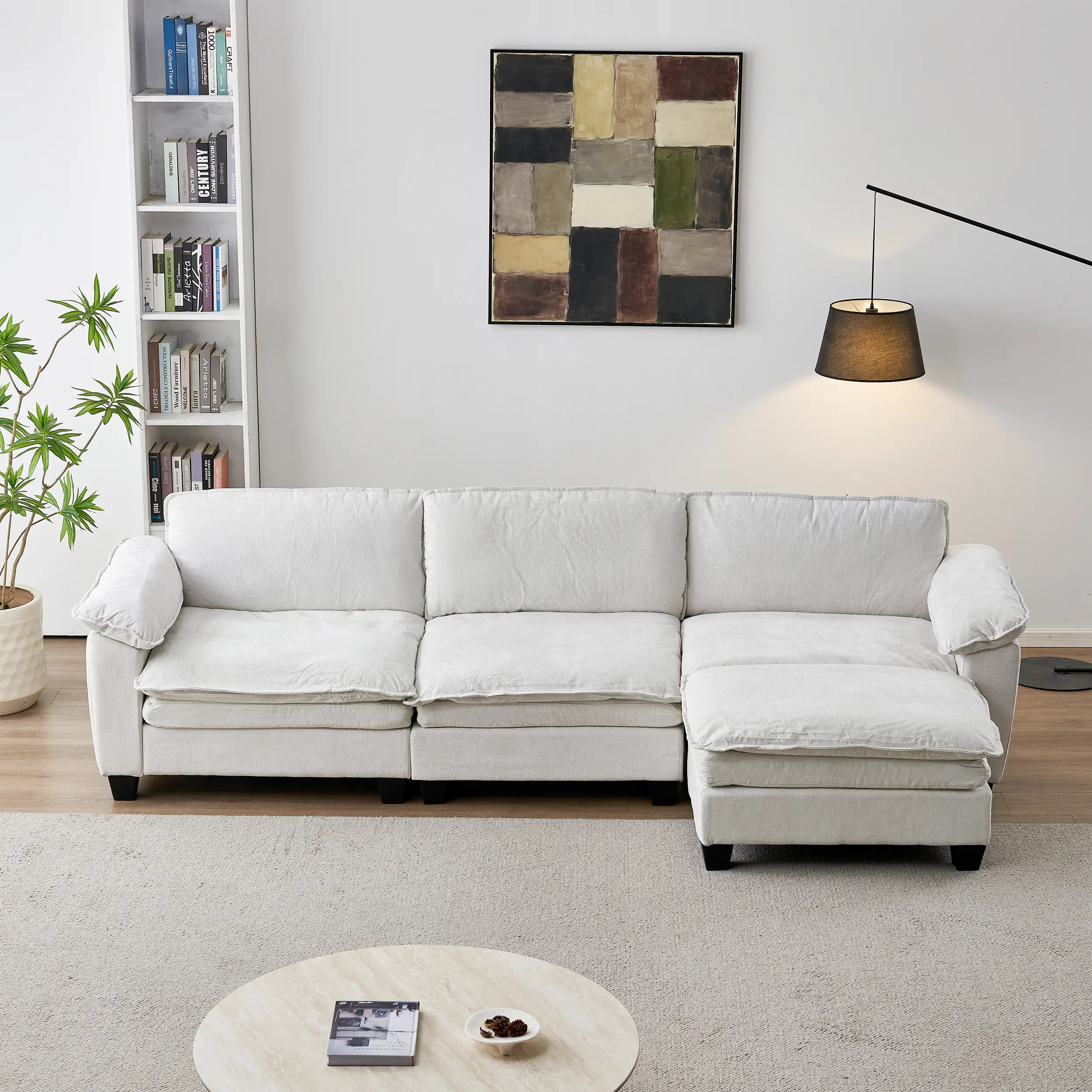 Luxury L-Shape Sofa Couch with Ottoman for Living Room, Soft Chenille Upholstered Sectional Sofa Set, Beige Modern Furniture with Ottoman Included, Comfortable Family Couch for Home Decor, Living Room Furniture for Apartment, Lounge